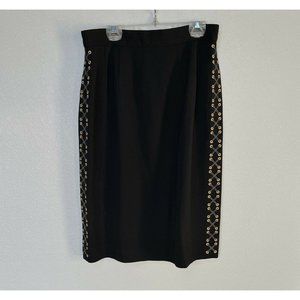 Suzelle Black Pencil Skirt 6 Gold Lacing Embroidery Goth Office Siren Mob Wife